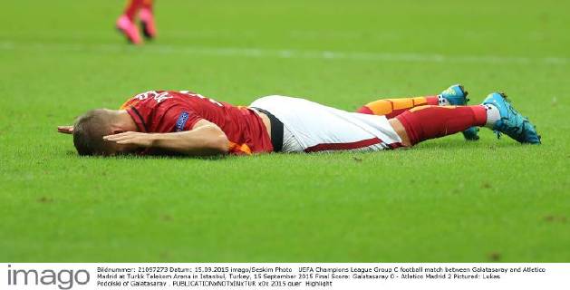 UEFA Champions League Group C football match between Galatasaray and Atletico Madrid at Turkk Telekom Arena in Istanbul, Turkey, 15 September 2015 Final Score: Galatasaray 0 - Atletico Madrid 2 Pictured: Lukas Podolski of Galatasaray . 