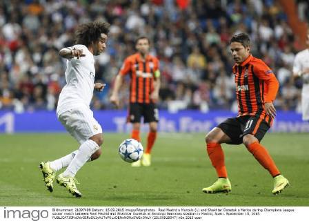 Real Madrid s Marcelo (L) and Shakhtar Donetsk s Marlos during Champions League soccer match between Real Madrid and Shakhtar Donetsk at Santiago Bernabeu stadium in Madrid, Spain. Spetember 15, 2015.  (20150915047)