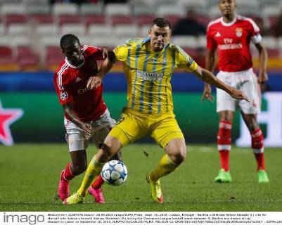 Sept. 15, 2015 - Lisbon, Portugal - Benfica s defender Nelson Semedo (L) vies for the ball with Astana s forward Aleksey Shchetkin (R) during the Champions League football match between SL Benfica and Astana at Luz Stadium in Lisbon on September 15, 2015. NURPHOTO CARLOS PALMA. FBL-EUR-C1-SPORTING-ASTANA  - ZUMAn230