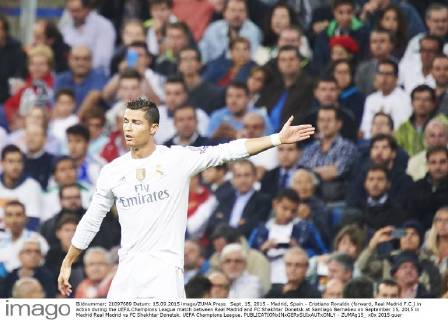 Sept. 15, 2015 - Madrid, Spain - Cristiano Ronaldo (forward, Real Madrid F.C.) in action during the UEFA Champions League match between Real Madrid and FC Shakhtar Donetsk at Santiago Bernabeu on September 15, 2015 in Madrid Real Madrid vs FC Shakhtar Donetsk. UEFA Champions League. - ZUMAg15_