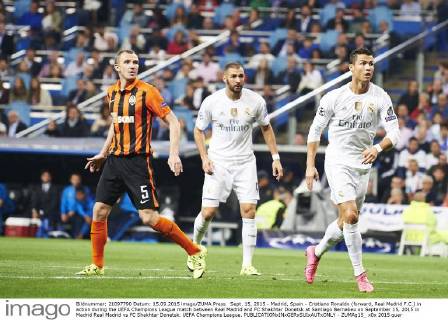 Sept. 15, 2015 - Madrid, Spain - Cristiano Ronaldo (forward, Real Madrid F.C.) in action during the UEFA Champions League match between Real Madrid and FC Shakhtar Donetsk at Santiago Bernabeu on September 15, 2015 in Madrid Real Madrid vs FC Shakhtar Donetsk. UEFA Champions League. - ZUMAg15_