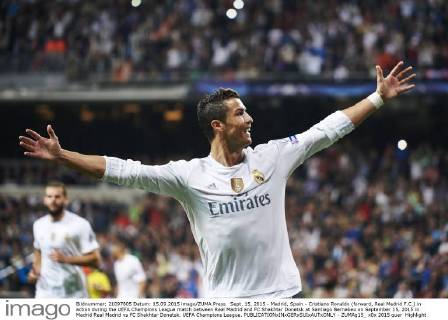 Sept. 15, 2015 - Madrid, Spain - Cristiano Ronaldo (forward, Real Madrid F.C.) in action during the UEFA Champions League match between Real Madrid and FC Shakhtar Donetsk at Santiago Bernabeu on September 15, 2015 in Madrid Real Madrid vs FC Shakhtar Donetsk. UEFA Champions League.  - ZUMAg15_