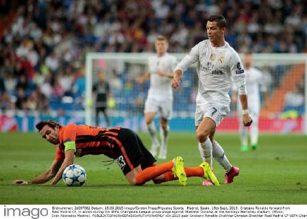 Madrid, Spain. 15th Sept. 2015: Cristiano Ronaldo forward from Real Madrid CF, in action during the UEFA Champions League group stage against Shakhtar Donetsk at the Santiago Bernabeu stadium. (Photo: Ivan Abanades Medina).