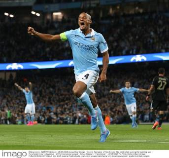Vincent Kompany of Manchester City celebrates scoring the opening goal - Manchester City vs Juventus - UEFA Champions League - Etihad Stadium - Manchester - 15 09 2015 Pic Philip Oldham SportImage EDITORIAL USE ONLY. No use with unauthorised audio, video, data, fixture lists, club league logos or live services. Online in-match use limited to 120 images, no video emulation. No use in betting, games or single club league player publications.