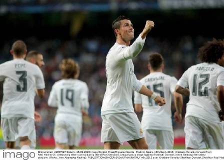 Madrid, Spain. 15th Sept. 2015: Cristiano Ronaldo forward from Real Madrid CF, celebrating after scoring during the UEFA Champions League group stage against Shakhtar Donetsk at the Santiago Bernabeu stadium. (Photo: Ivan Abanades Medina).