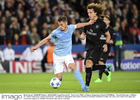 David Luiz (PSG) vs Markus Rosenberg (Malmö) FOOTBALL : Paris St Germain vs Malmö FF - UEFA Champions League 2015 2016 - 15 09 2015 JBAutissier Panoramic 