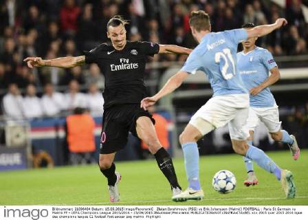 Zlatan Ibrahimovic (PSG) vs Erik Johansson (Malmö) FOOTBALL : Paris St Germain vs Malmö FF - UEFA Champions League 2015 2016 - 15 09 2015 JBAutissier Panoramic 