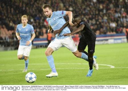 Blaise Matuidi (PSG) vs Erik Johansson (Malmö) FOOTBALL : Paris St Germain vs Malmö FF - UEFA Champions League 2015 2016 - 15 09 2015 JBAutissier Panoramic 
