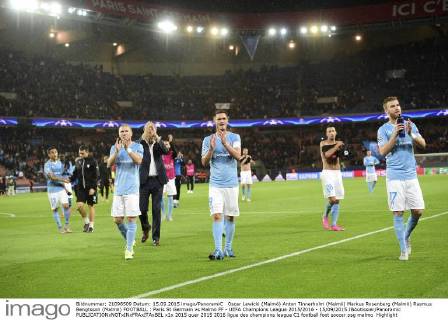 Oscar Lewicki (Malmö) Anton Tinnerholm (Malmö) Markus Rosenberg (Malmö) Rasmus Bengtsson (Malmö) FOOTBALL : Paris St Germain vs Malmö FF - UEFA Champions League 2015 2016 - 15 09 2015 JBAutissier Panoramic 