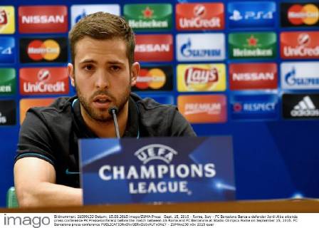 Sept. 15, 2015 - Rome, Itay - FC Barcelona Barca s defender Jordi Alba attends press conference PK Pressekonferenz before the match between AS Roma and FC Barcelona at Stadio Olimpico Rome on September 15, 2015. FC Barcelona press conference  - ZUMAn230