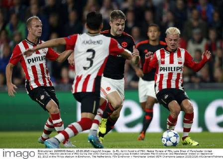(L-R), Jorrit Hendrix of PSV, Hector Moreno of PSV, Luke Shaw of Manchester United ManU FC, Maxime Lestienne of PSV during the UEFA Champions League group B match between PSV Eindhoven and Manchester United on September 15, 2015 at the Philips stadium in Eindhoven, The Netherlands. PSV Eindhoven v Manchester United UEFA Champions League 2015 2016 xVIxJeroenxPutmansxIVx 4333010