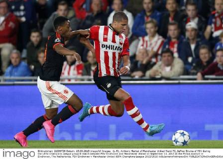 (L-R), Anthony Martial of Manchester United ManU FC, Jeffrey Bruma of PSV during the UEFA Champions League group B match between PSV Eindhoven and Manchester United on September 15, 2015 at the Philips stadium in Eindhoven, The Netherlands. PSV Eindhoven v Manchester United UEFA Champions League 2015 2016 xVIxJeroenxPutmansxIVx 4333050