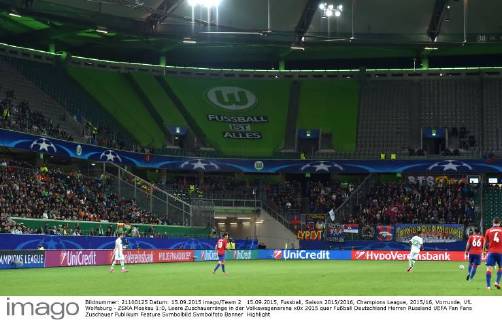 15.09.2015, Fussball, Saison 2015 2016, Champions League, 2015 16, Vorrunde, VfL Wolfsburg - ZSKA Moskau 1:0, Leere Zuschauerränge in der Volkswagenarena