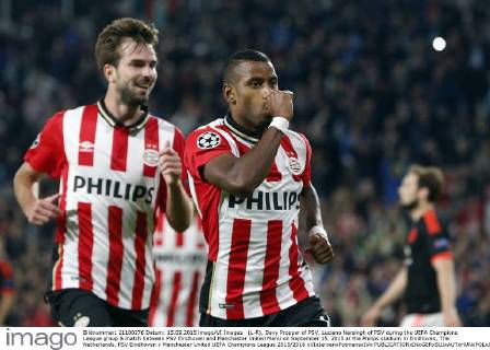 (L-R), Davy Propper of PSV, Luciano Narsingh of PSV during the UEFA Champions League group B match between PSV Eindhoven and Manchester United ManU on September 15, 2015 at the Philips stadium in Eindhoven, The Netherlands. PSV Eindhoven v Manchester United UEFA Champions League 2015 2016 xVIxJeroenxPutmansxIVx 4333192