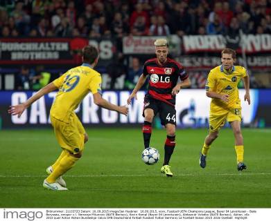 16.09.2015, xovx, Fussball UEFA Champions League, Bayer 04 Leverkusen - Bate Baryssau, emspor v.l. Nemanja Milunovic (BATE Borisov), Kevin Kampl (Bayer 04 Leverkusen), Aleksandr Volodko (BATE Borisov), Aktion.