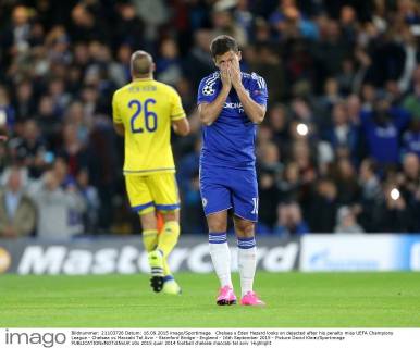 Chelsea s Eden Hazard looks on dejected after his penalty miss UEFA Champions League - Chelsea vs Maccabi Tel Aviv - Stamford Bridge - England - 16th September 2015 - Picture David Klein Sportimage EDITORIAL USE ONLY. No use with unauthorised audio, video, data, fixture lists, club league logos or live services. Online in-match use limited to 120 images, no video emulation. No use in betting, games or single club league player publications.