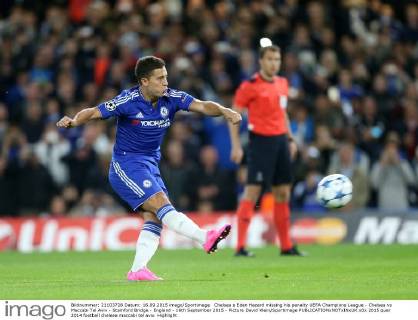 Chelsea s Eden Hazard missing his penalty UEFA Champions League - Chelsea vs Maccabi Tel Aviv - Stamford Bridge - England - 16th September 2015 - Picture David Klein Sportimage EDITORIAL USE ONLY. No use with unauthorised audio, video, data, fixture lists, club league logos or live services. Online in-match use limited to 120 images, no video emulation. No use in betting, games or single club league player publications.