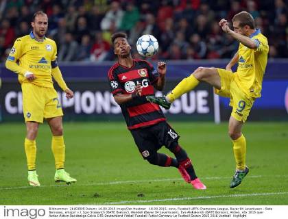 16.09.2015, xovx, Fussball UEFA Champions League, Bayer 04 Leverkusen - Bate Baryssau, emspor v.l. Igor Stasevich (BATE Borisov), Wendell (Bayer 04 Leverkusen), Ilya Aleksievich (BATE Borisov), Aktion.