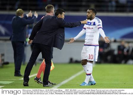 - GENT, BELGIUM: Lyon s head coach Hubert Fournier and Lyon s Alexandre Lacazette pictured during the first game in the group stage of the Uefa Champions League competition, in group H, between Belgian first league soccer team KAA Gent and Olympique Lyon, in Gent, Wednesday 16 September 2015. YORICKxJANSENS x04701467x