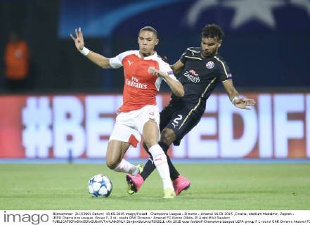 Champions League - Dinamo - Arsenal 16.09.2015.,Croatia, stadium Maksimir, Zagreb - UEFA Champions League, Group F, 1 st. roudn GNK Dinamo - Arsenal FC.Kieran Gibbs, El Arabi Hilal Soudani  SanjinxStrukic PIXSELL