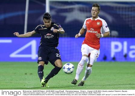 Champions League - Dinamo - Arsenal 16.09.2015.,Croatia, stadium Maksimir, Zagreb - UEFA Champions League, Group F, 1 st. round GNK Dinamo - Arsenal FC. Leonardo German Sigali, Mesut Ozil.  GoranxStanzl PIXSELL