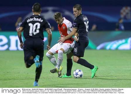 Champions League - Dinamo - Arsenal 16.09.2015.,Croatia, stadium Maksimir, Zagreb - UEFA Champions League, Group F, 1 st. round GNK Dinamo - Arsenal FC.Arijan Ademi, Mesut Ozil.  GoranxStanzl PIXSELL