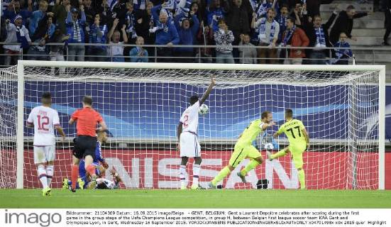 - GENT, BELGIUM: Gent s Laurent Depoitre celebrates after scoring during the first game in the group stage of the Uefa Champions League competition, in group H, between Belgian first league soccer team KAA Gent and Olympique Lyon, in Gent, Wednesday 16 September 2015. YORICKxJANSENS  x04701498x