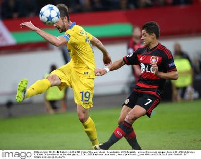 Leverkusen, UEFA Fussball, Herren, Champions League, Saison 2015 2016,Gruppe E, Bayer 04 Leverkusen vs Bate Baryssau, 16.09.2015, BayArena Leverkusen, Nemanja Milunovic ,javier Hernandez