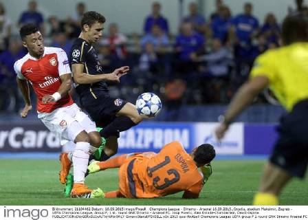Champions League - Dinamo - Arsenal 16.09.2015.,Croatia, stadium Maksimir, Zagreb - UEFA Champions League, Group F, 1 st. round GNK Dinamo - Arsenal FC. Josip Pivaric, Alex Oxlade-Chamberlain, David Ospina.  GoranxStanzl PIXSELL