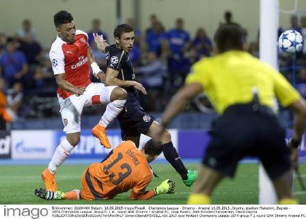 Champions League - Dinamo - Arsenal 16.09.2015.,Croatia, stadium Maksimir, Zagreb - UEFA Champions League, Group F, 1 st. round GNK Dinamo - Arsenal FC. Josip Pivaric, Alex Oxlade-Chamberlain, David Ospina.  GoranxStanzl PIXSELL