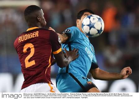 Antonio Rüdiger Roma, Luis Suarez Barcelona Roma 16-09-2015 Stadio Olimpico Football Calcio Champions League 2015 2016 Group Stage - Group, AS Roma vs. FC Barcelona andreaxstaccioli