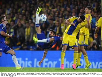 Football - 2015 2016 Champions League - Group G: Chelsea vs. Maccabi Tel Aviv Diego Costa of Chelsea and Omri Ben Harush at Stamford Bridge. COLORSPORT ANDREW COWIE 