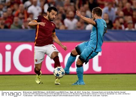 Sept. 16, 2015 - Rome, Itay - Mohamed Salah and Jordi Alba fight for the ball during the UEFA Champions League match between AS Roma and FC Barcelona Barca at Stadio Olimpico in Rome on September 16, 2015. AS Roma v FC Barcelona - UEFA Champions League  - ZUMAn230