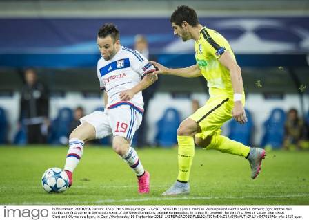 - GENT, BELGIUM: Lyon s Mathieu Valbuena and Gent s Stefan Mitrovic fight for the ball during the first game in the group stage of the Uefa Champions League competition, in group H, between Belgian first league soccer team KAA Gent and Olympique Lyon, in Gent, Wednesday 16 September 2015. JASPERxJACOBS x04701596x