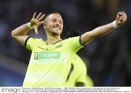 - GENT, BELGIUM: Gent s Danijel Milicevic celebrates after scoring during the first game in the group stage of the Uefa Champions League competition, in group H, between Belgian first league soccer team KAA Gent and Olympique Lyon, in Gent, Wednesday 16 September 2015. YORICKxJANSENS  x04701621x