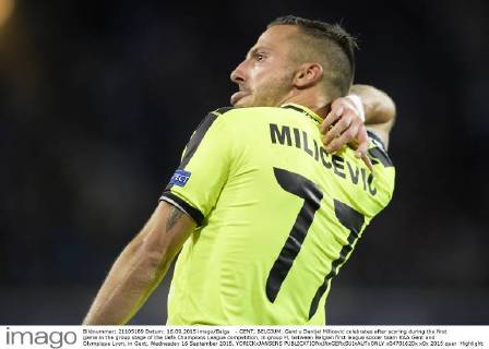 - GENT, BELGIUM: Gent s Danijel Milicevic celebrates after scoring during the first game in the group stage of the Uefa Champions League competition, in group H, between Belgian first league soccer team KAA Gent and Olympique Lyon, in Gent, Wednesday 16 September 2015. YORICKxJANSENS  x04701620x