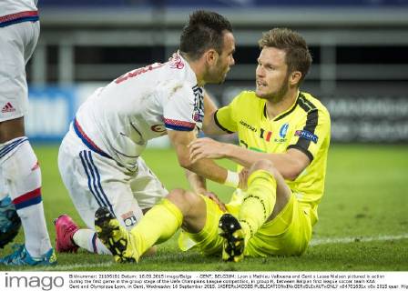 - GENT, BELGIUM: Lyon s Mathieu Valbuena and Gent s Lasse Nielsen pictured in action during the first game in the group stage of the Uefa Champions League competition, in group H, between Belgian first league soccer team KAA Gent and Olympique Lyon, in Gent, Wednesday 16 September 2015. JASPERxJACOBS x04701631x