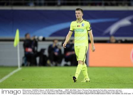 - GENT, BELGIUM: Gent s Thomas Foket leaves the field after receiving a red card during the first game in the group stage of the Uefa Champions League competition, in group H, between Belgian first league soccer team KAA Gent and Olympique Lyon, in Gent, Wednesday 16 September 2015. YORICKxJANSENS x04701636x