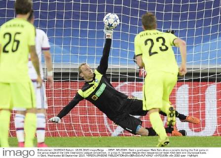 - GENT, BELGIUM: Gent s goalkeeper Matz Sels stops a penalty during the first game in the group stage of the Uefa Champions League competition, in group H, between Belgian first league soccer team KAA Gent and Olympique Lyon, in Gent, Wednesday 16 September 2015. YORICKxJANSENS  x04701638x