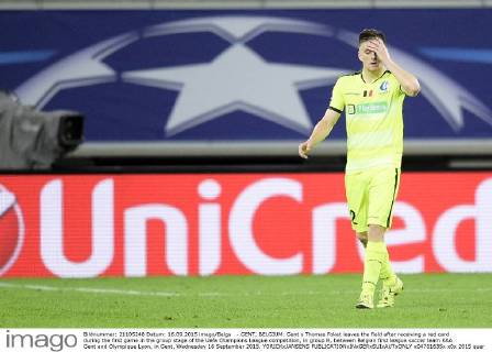 - GENT, BELGIUM: Gent s Thomas Foket leaves the field after receiving a red card during the first game in the group stage of the Uefa Champions League competition, in group H, between Belgian first league soccer team KAA Gent and Olympique Lyon, in Gent, Wednesday 16 September 2015. YORICKxJANSENS x04701635x