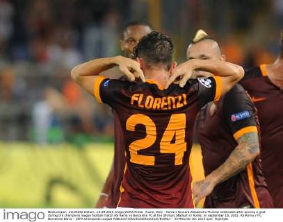 Rome, Italy - Roma s forward Alessandro Florenzi celebrates after scoring a goal during the champions league football match AS Roma vs Barcelona FC at the Olympic Stadium in Rome, on september 16, 2015. AS Roma v FC Barcelona Barca - UEFA Champions League  - ZUMAn230