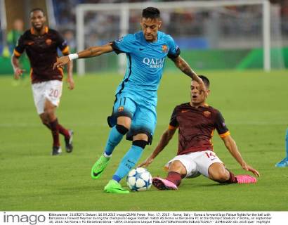 Nov. 17, 2015 - Rome, Italy - Roma s forward Iago Falque fights for the ball with Barcelona s forward Neymar during the champions league football match AS Roma vs Barcelona FC at the Olympic Stadium in Rome, on september 16, 2015. AS Roma v FC Barcelona Barca - UEFA Champions League  - ZUMAn230