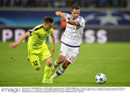JEREMY MOREL (ol) - Thomas Foket (gant) - Fussball, Champions League, KAA Gent vs. Olympique Lyon - 16 09 2015 AnthonyBIBARD FEP Panoramic 