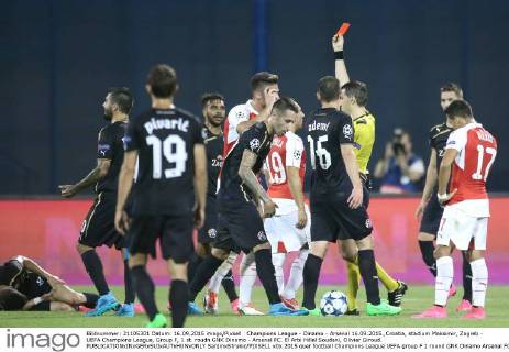 Champions League - Dinamo - Arsenal 16.09.2015.,Croatia, stadium Maksimir, Zagreb - UEFA Champions League, Group F, 1 st. roudn GNK Dinamo - Arsenal FC. El Arbi Hillel Soudani, Olivier Giroud.  SanjinxStrukic PIXSELL