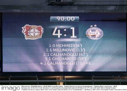 Fußball Champions League Gruppenphase 1. Spieltag Bayer Leverkusen - BATE Baryssau am 16.09.2015 in der BayArena in Leverkusen Die Anzeigentafel zeigt den Endstand an xTTx
