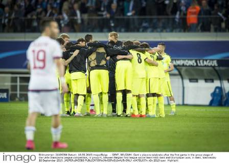 - GENT, BELGIUM: Gent s players celebrate after the first game in the group stage of the Uefa Champions League competition, in group H, between Belgian first league soccer team KAA Gent and Olympique Lyon, in Gent, Wednesday 16 September 2015. JASPERxJACOBS  x04701657x
