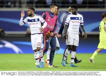 - GENT, BELGIUM: Lyon s Alexandre Lacazette and Lyon s Samuel Umtiti pictured after the first game in the group stage of the Uefa Champions League competition, in group H, between Belgian first league soccer team KAA Gent and Olympique Lyon, in Gent, Wednesday 16 September 2015. YORICKxJANSENS x04701672x