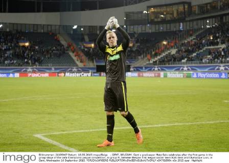 - GENT, BELGIUM: Gent s goalkeeper Matz Sels celebrates after the first game in the group stage of the Uefa Champions League competition, in group H, between Belgian first league soccer team KAA Gent and Olympique Lyon, in Gent, Wednesday 16 September 2015. YORICKxJANSENS  x04701680x