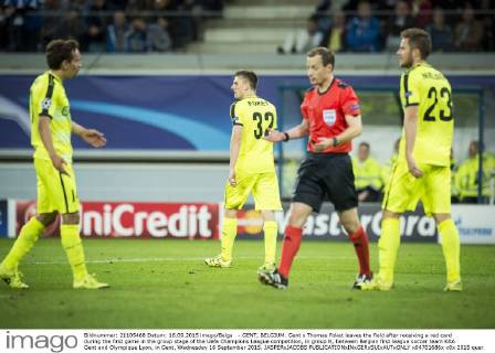- GENT, BELGIUM: Gent s Thomas Foket leaves the field after receiving a red card during the first game in the group stage of the Uefa Champions League competition, in group H, between Belgian first league soccer team KAA Gent and Olympique Lyon, in Gent, Wednesday 16 September 2015. JASPERxJACOBS x04701686x