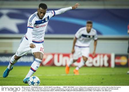 - GENT, BELGIUM: Lyon s Alexandre Lacazette pictured in action during the first game in the group stage of the Uefa Champions League competition, in group H, between Belgian first league soccer team KAA Gent and Olympique Lyon, in Gent, Wednesday 16 September 2015. JASPERxJACOBS x04701683x